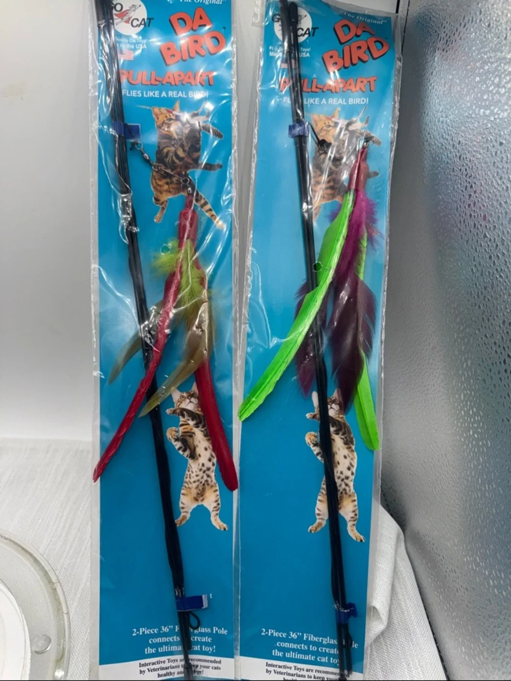 GO CAT DA BIRD FEATHER WAND ROD INTERACTIVE TEASER TOYS 36” 2 1 green 1 red NIP